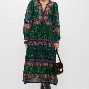NWT SEA NEW YORK Green Melba Print Long Sleeve Midi Dress